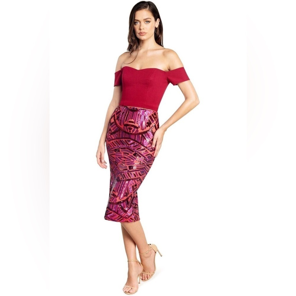 Dress the Population Nola Sequin Placement Midi Skirt, Size M in Red Rouge...